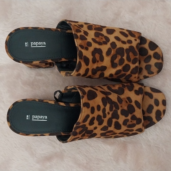 Papaya leopard print open toe block heel slip on mules shoes size 5 - Picture 2 of 7
